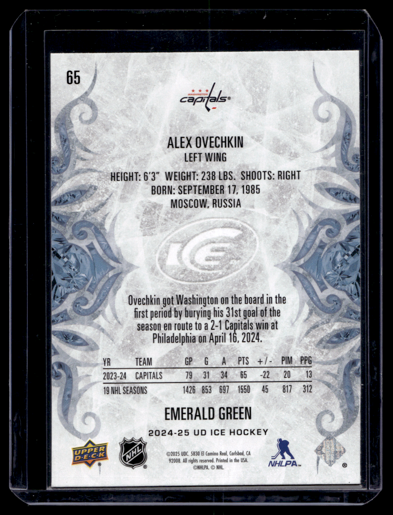 2024-25 Upper Deck Ice - Emerald Green - Alex Ovechkin #65