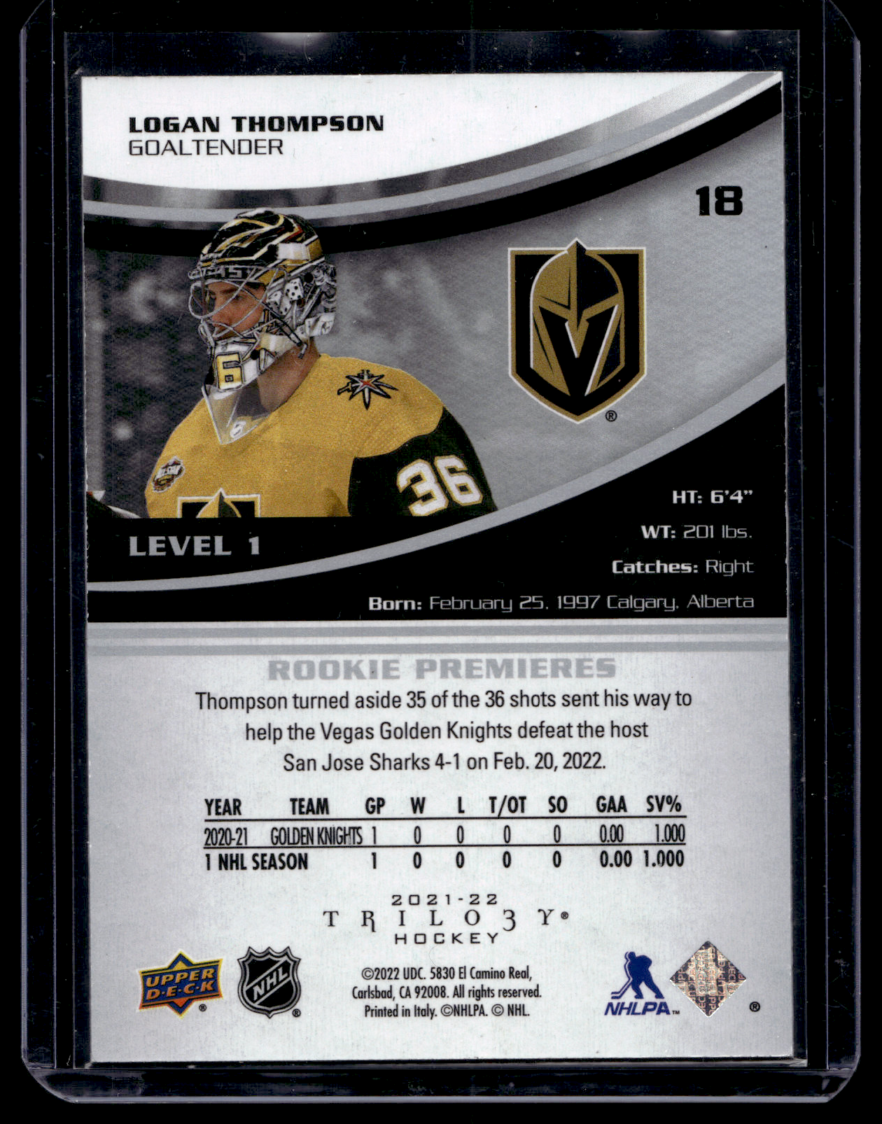 2021-22 Upper Deck Extended Series - Trilogy Rookies - Common - Logan Thompson #18 /999 RY