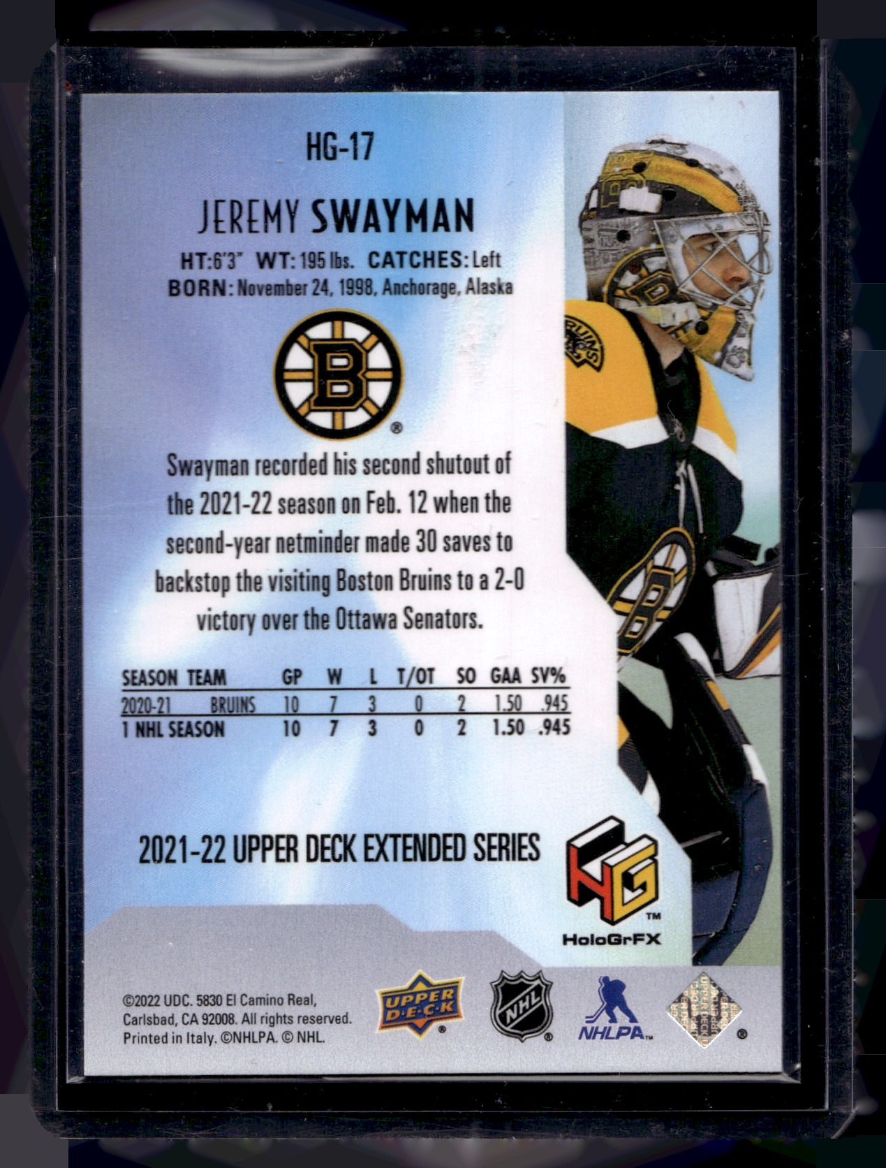 2021-22 Upper Deck Extended Series - HoloGrFX Rookies - Gold - Jeremy Swayman #HG-17 RY