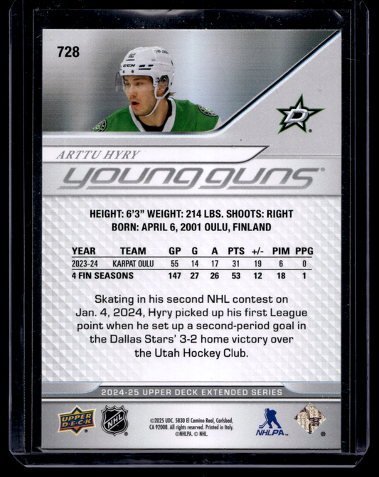 2024-25 Upper Deck Extended Series - Young Guns - Arttu Hyry #728 RC