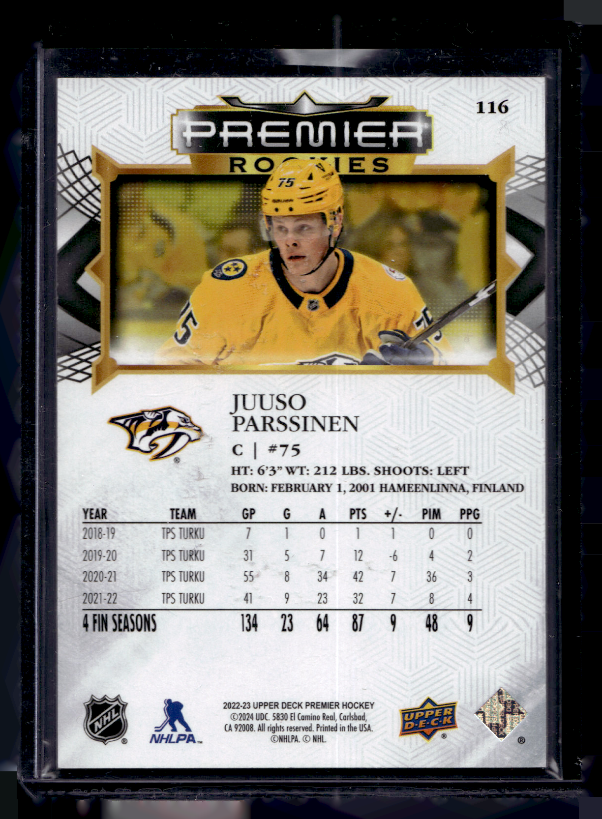 2022-23 Upper Deck Premier - Rookies - Juuso Parssinen #116 /399 RC