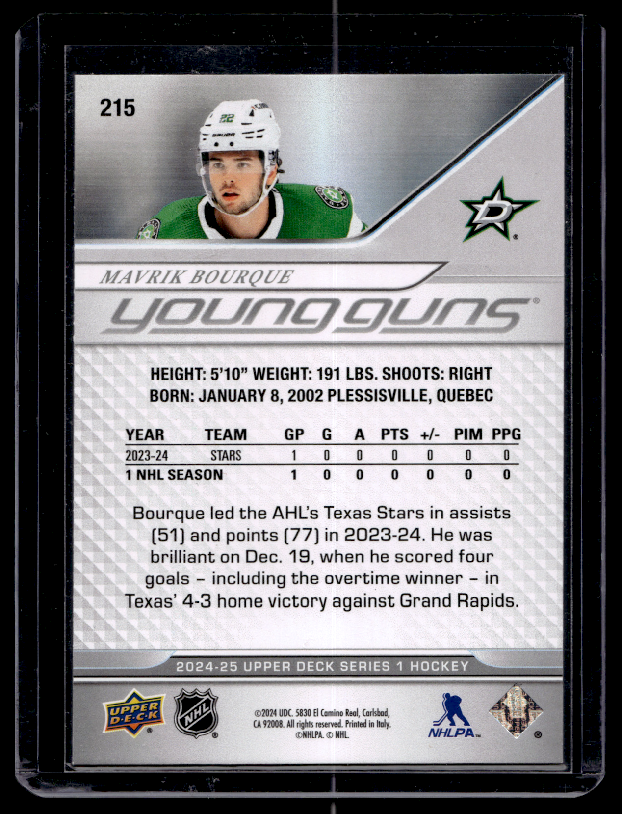 2024-25 Upper Deck Series 1 - Young Guns - Mavrik Bourque #215 RC