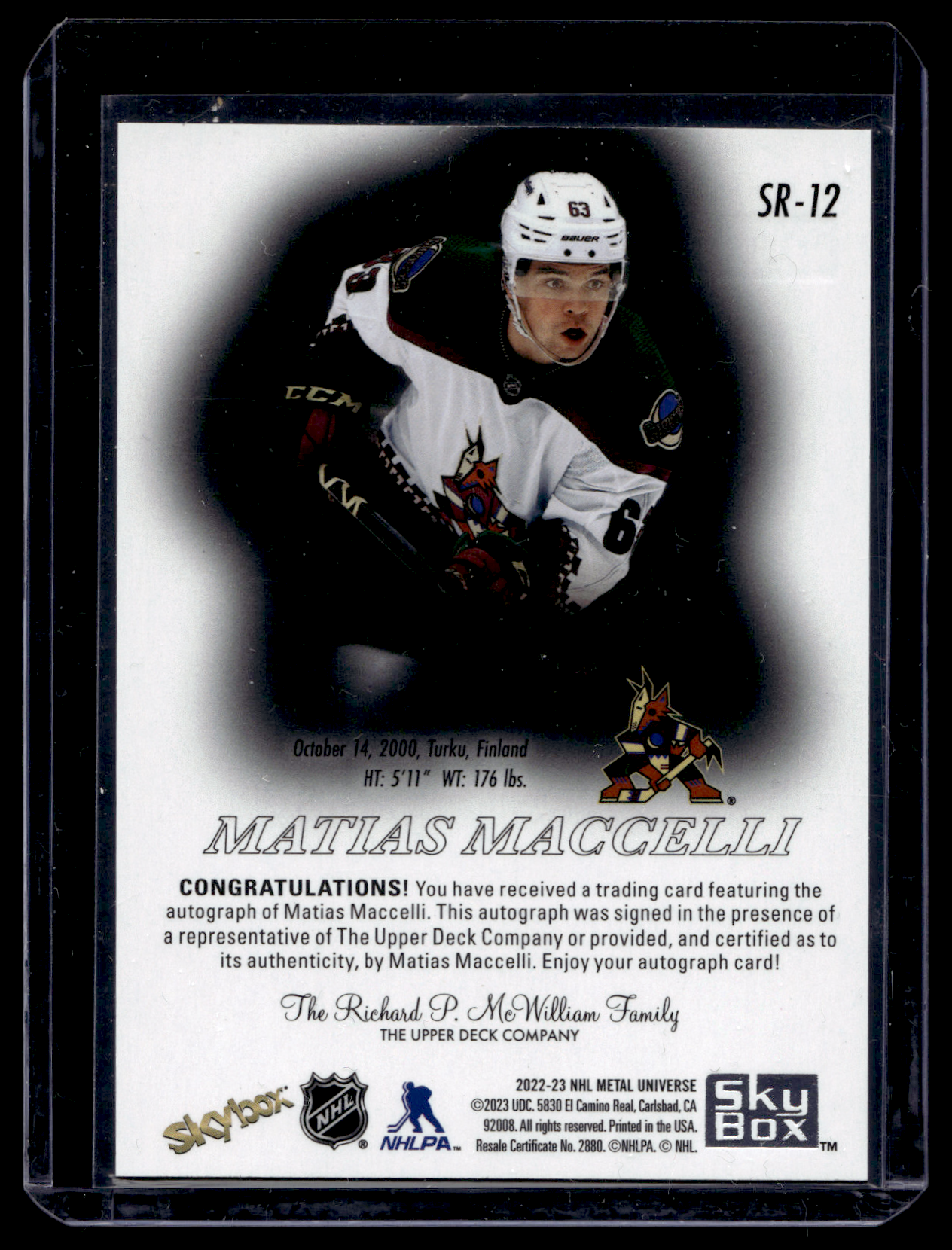 2022-23 Skybox Metal Universe - 1998-99 Premium Prospects - Autographs - Matias Maccelli #SR-12 RY