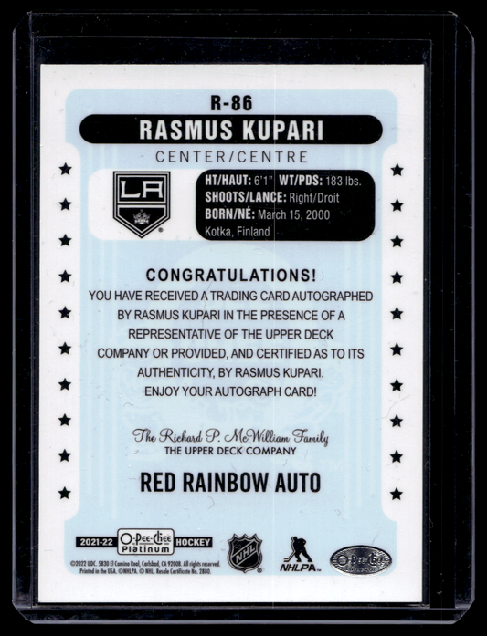 2021-22 Upper Deck OPC Platinum - Retro - Rainbow Red Autographs - Rookies - Rasmus Kupari #R-86 RY