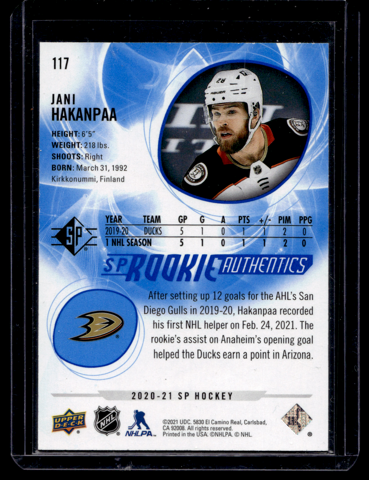 2020-21 Upper Deck SP Retail - Blue - SP Rookie Authentics - Jani Hakanpaa #117 RC