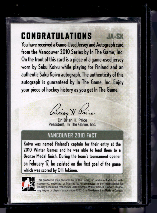 2009-10 In the Game Vancouver 2010 - Game-Used Jersey and Autographs - Saku Koivu #JA-SK