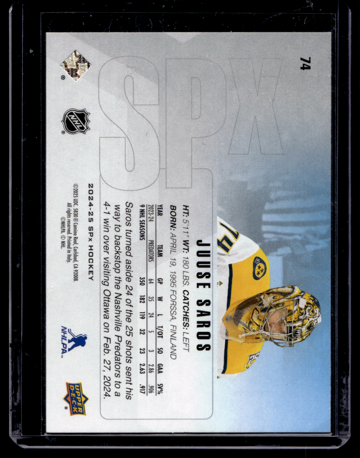 2024-25 Upper Deck SPx - Juuse Saros #74