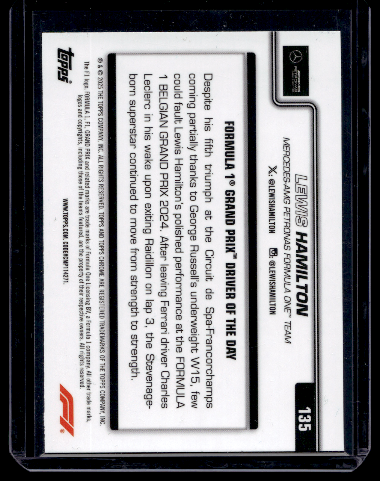 2025 Topps Chrome Formula 1 - Pink Refractor - Grand Prix Driver of the Day - Lewis Hamilton #135 /250
