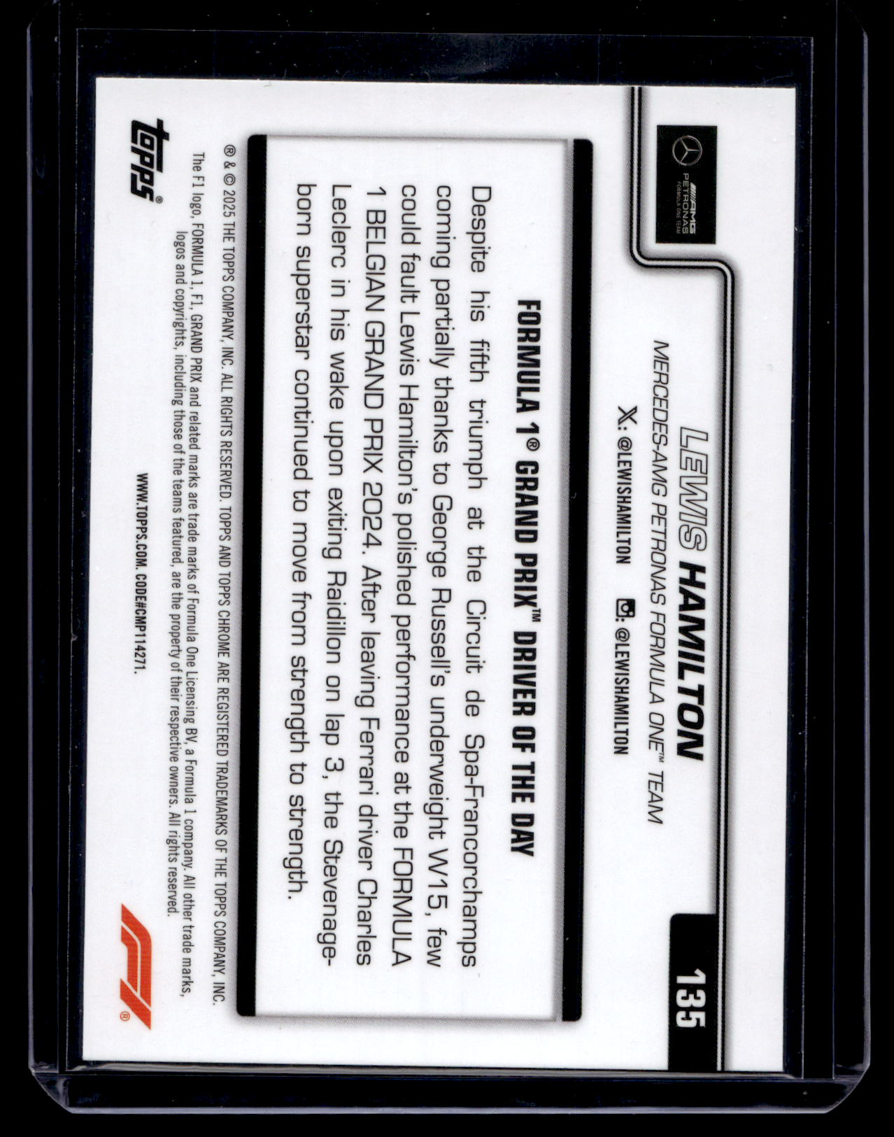 2025 Topps Chrome Formula 1 - Aqua Refractor - Grand Prix Driver of the Day - Lewis Hamilton #135 /199