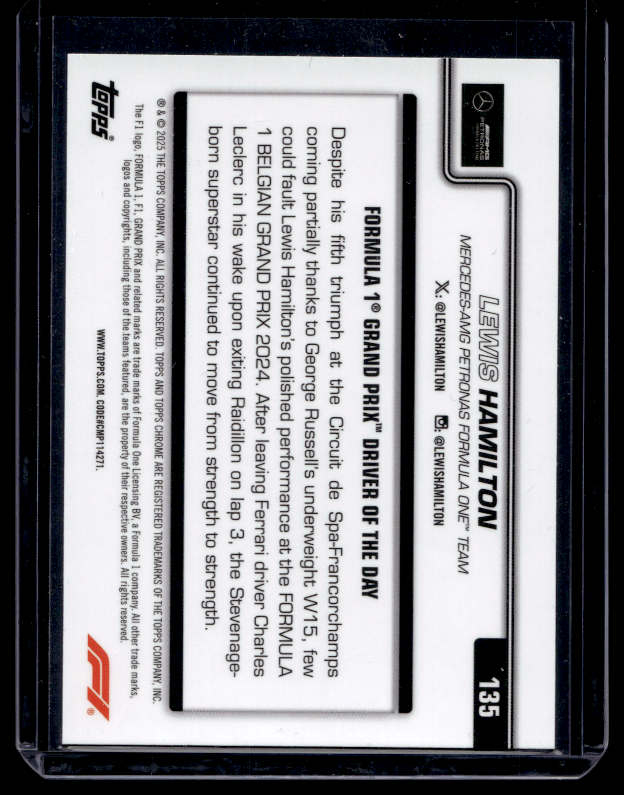 2025 Topps Chrome Formula 1 - Blue Refractor - Grand Prix Driver of the Day - Lewis Hamilton #135 /150