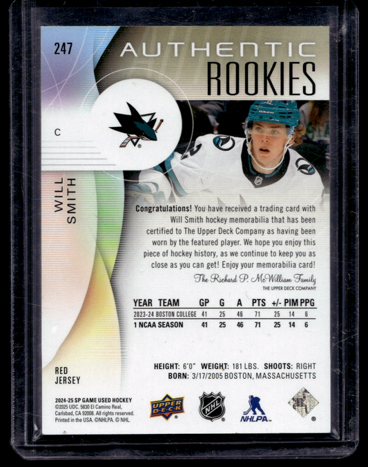 2024-25 Upper Deck SP Game Used - Red Jersey - Authentic Rookies - Will Smith #247 RC