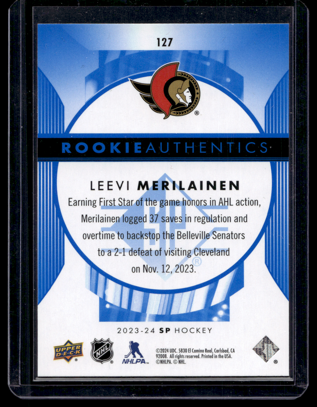 2023-24 Upper Deck SP - Retail - Blue - Rookie Authentics - Leevi Merilainen #127 RC