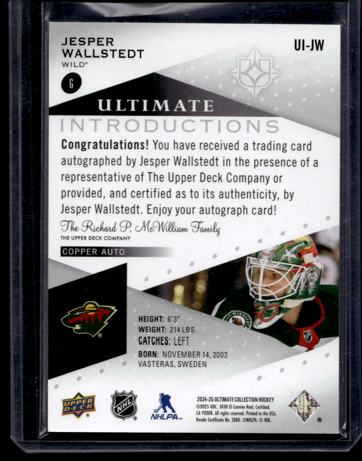 2024-25 Upper Deck Ultimate Collection - Ultimate Introductions - Autographs - Jesper Wallstedt #UI-JW RY