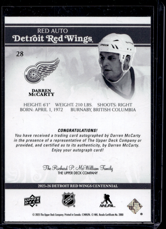 2025-26 Upper Deck Detroit Red Wings Centennial - Red Autographs - Darren McCarty #28