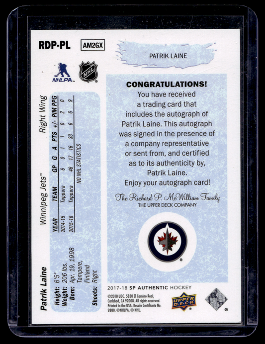 2017-18 Upper Deck SP Authentic 90-91 Retro Draft Picks Autographs Patrick Laine #RDPPL /50