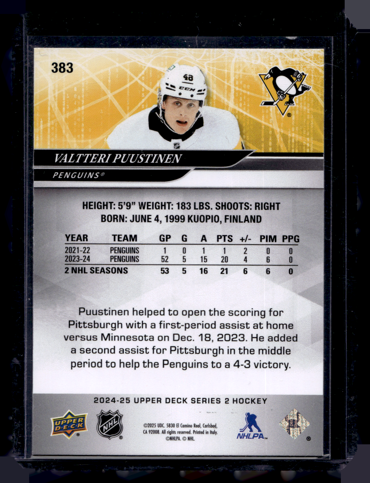 2024-25 Upper Deck - Series 2 - Exclusives - Valtteri Puustinen #383 /100