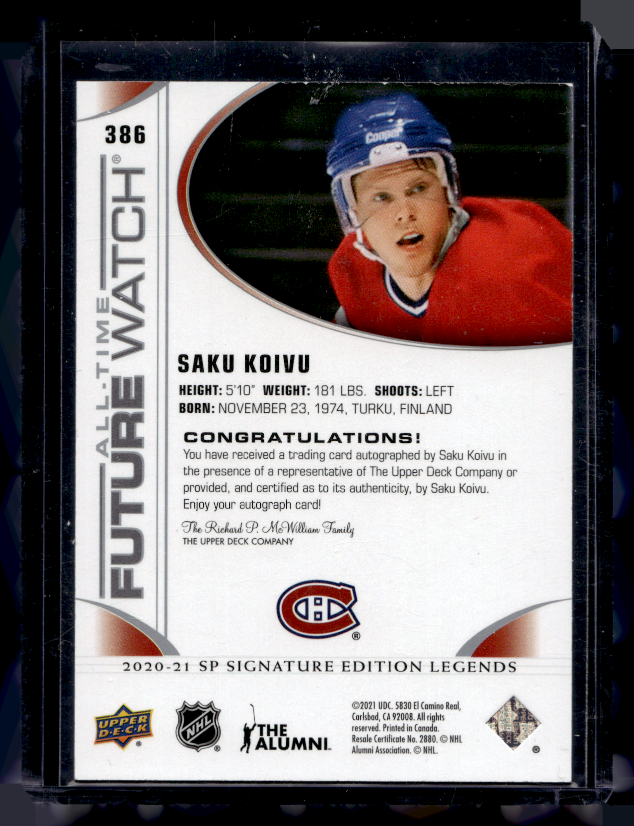 2020-21 Upper Deck SP Signature Edition Legends - All-Time Future Watch Autos - Saku Koivu #386 /199