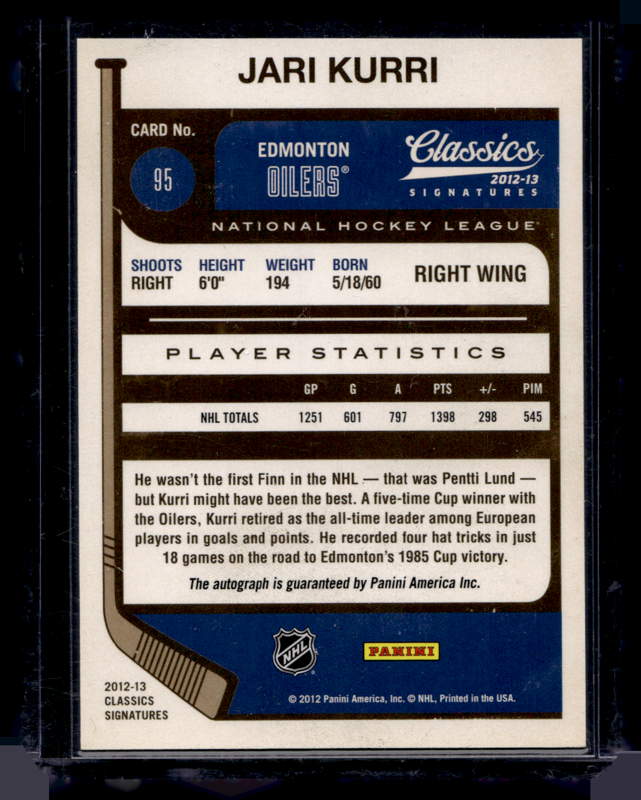 2012-13 Panini Classics Signatures - Autographs - Jari Kurri #95