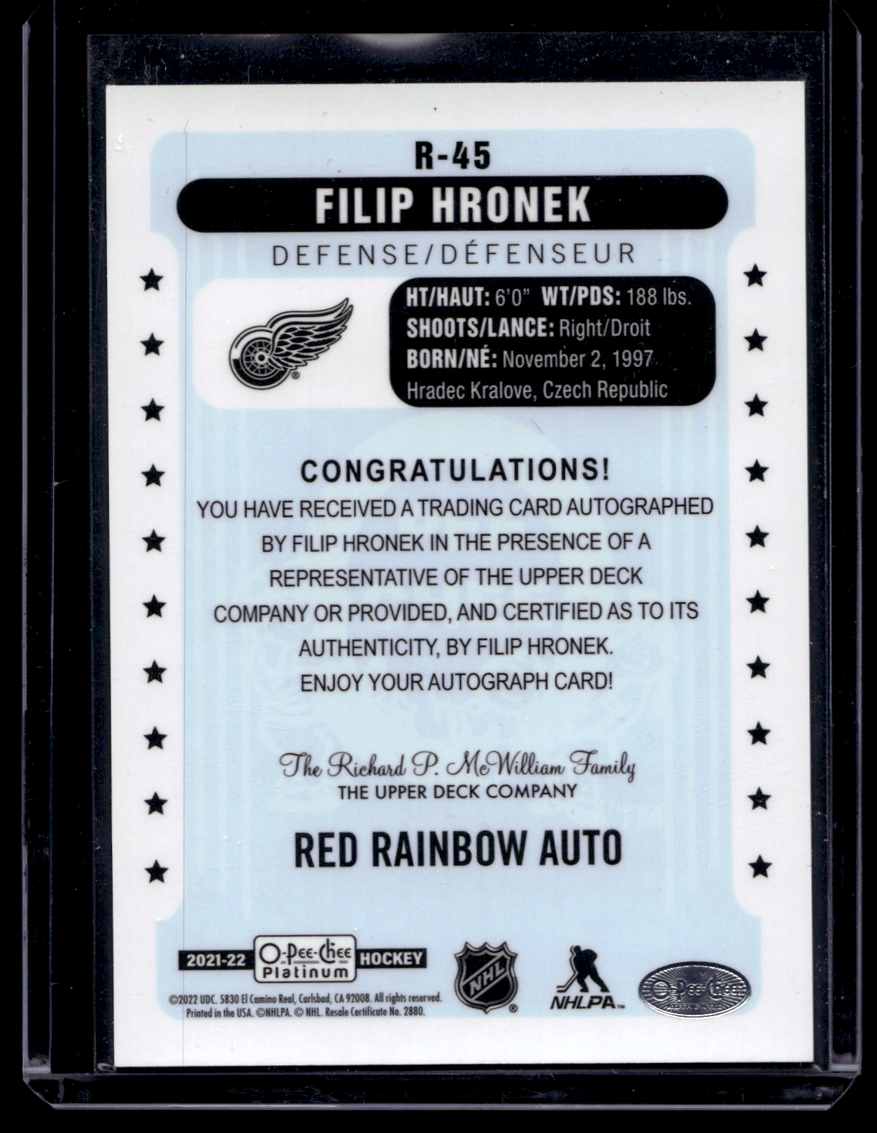 2021-22 Upper Deck OPC Platinum - Retro - Rainbow Red Autographs - Filip Hronek #R-45