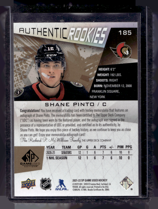 2021-22 Upper Deck SP Game Used - Gold Jersey Autographs - Authentic Rookies - Shane Pinto #185 /99 RC