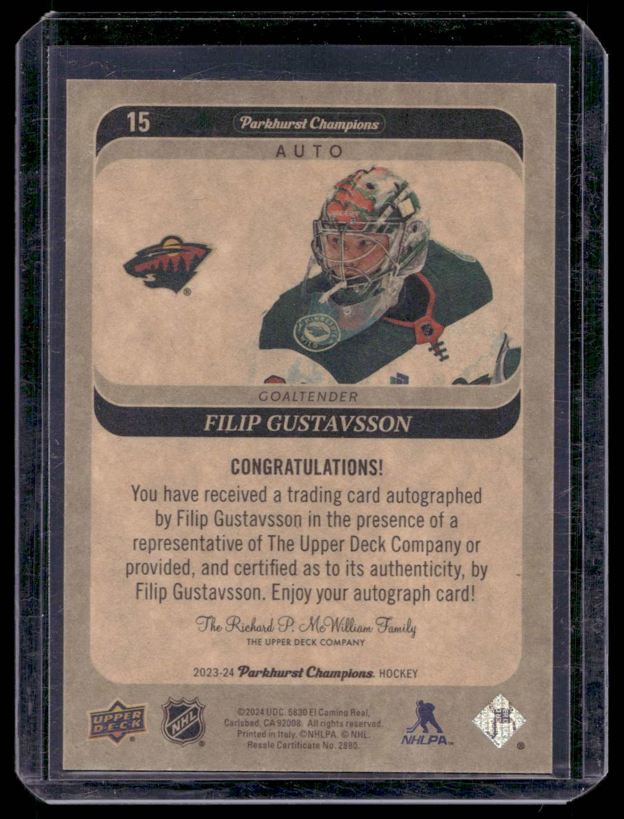 2023-24 Upper Deck Parkhurst Champions - Autographs - Filip Gustavsson #15