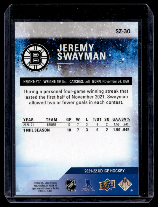 2021-22 Upper Deck Ice - Sub Zero - Rookie - Jeremy Swayman #SZ-30 /999 RY