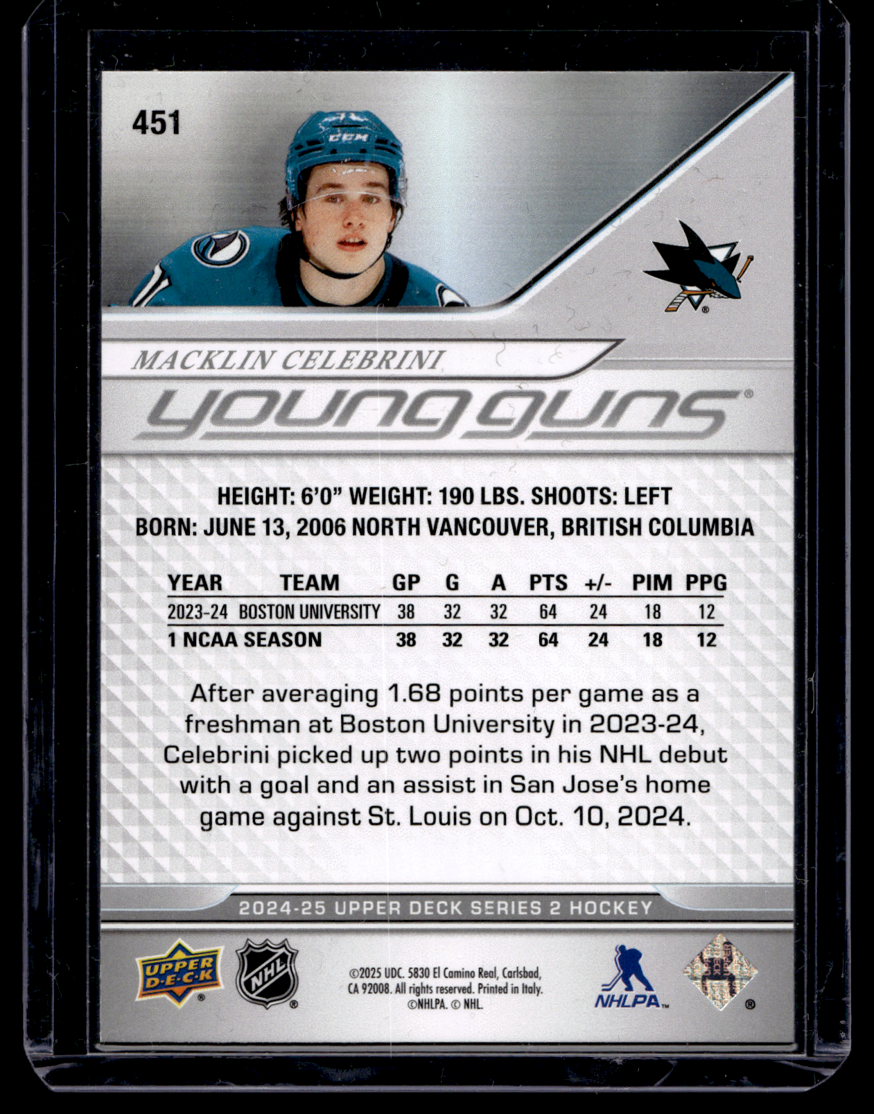 2024-25 Upper Deck Young Guns - Macklin Celebrini #451 RC