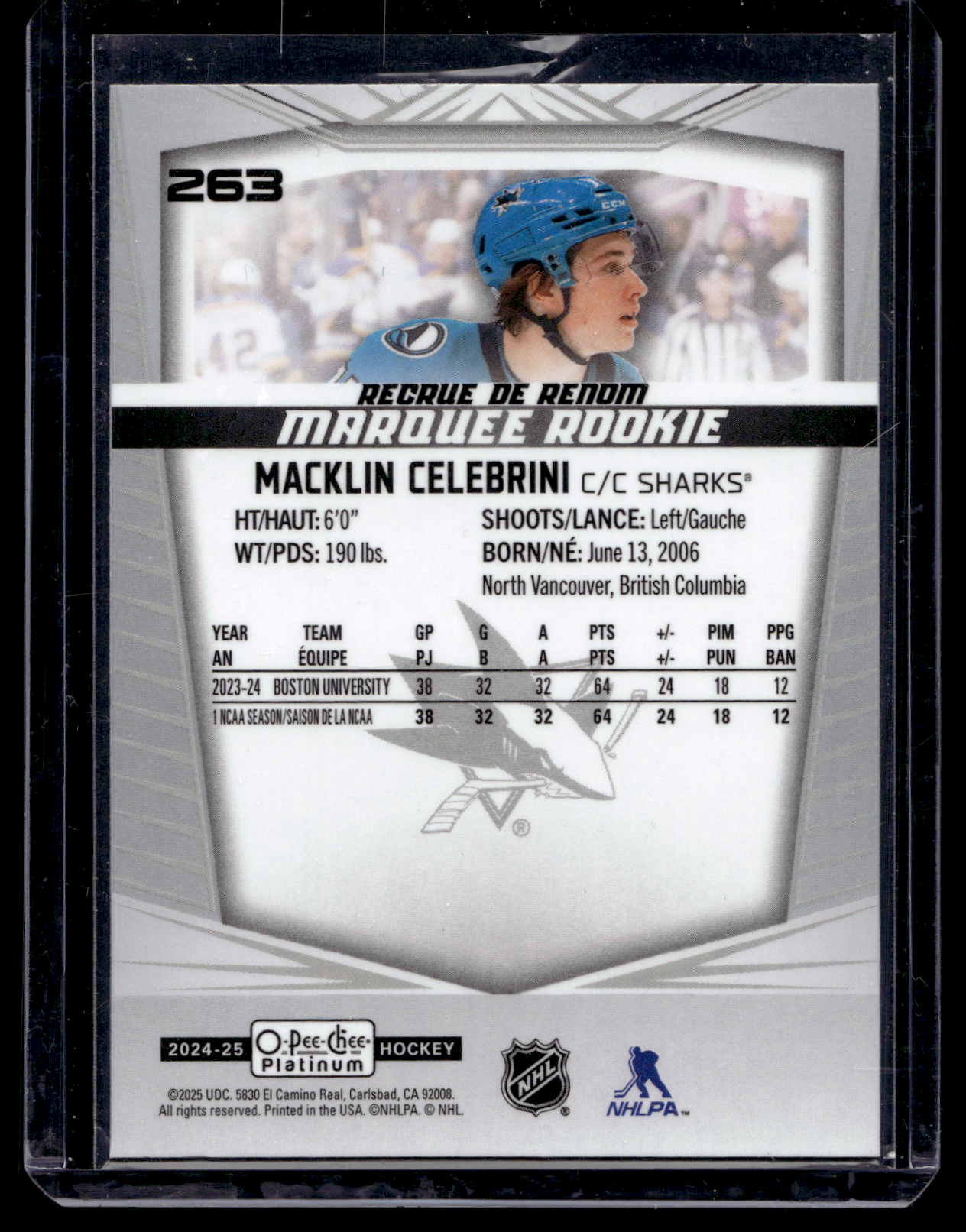 2024-25 Upper Deck OPC Platinum - Marquee Rookies - Macklin Celebrini #263 RC