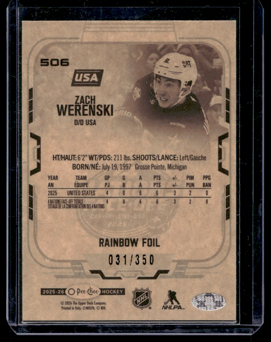 2025-26 O-Pee-Chee - Rainbow Foil - 4 Nations Face-Off - Zach Werenski #506 /350