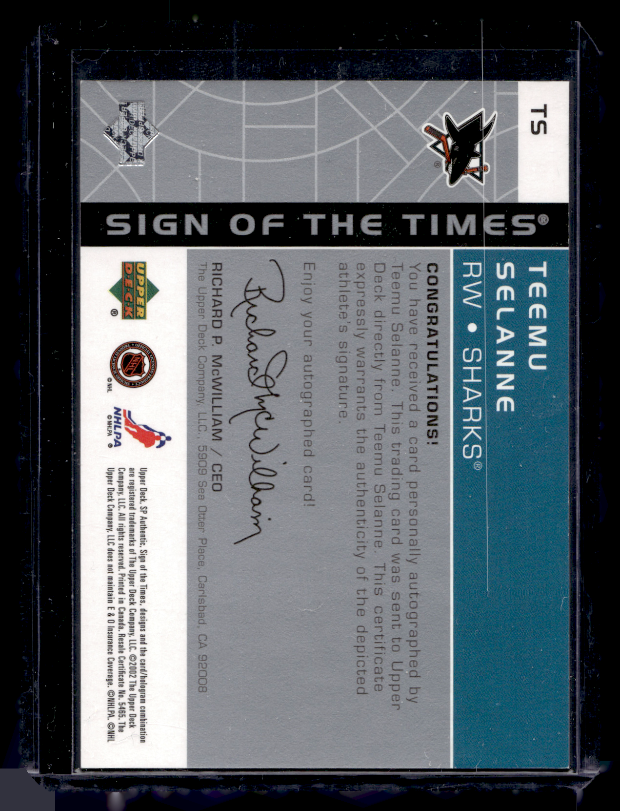 2002-03 Upper Deck SP Authentic - Sign of the Times - Teemu Selanne #TS