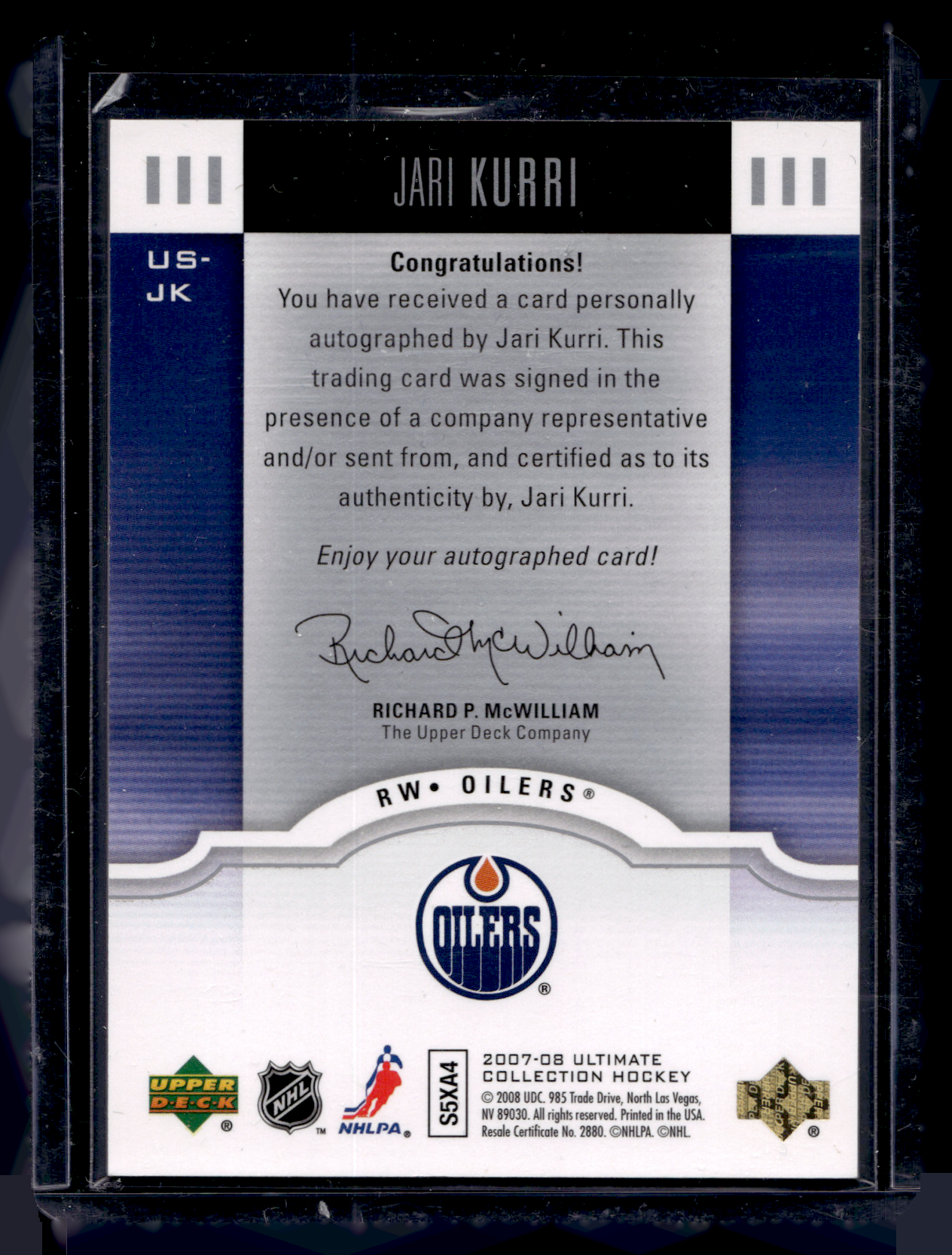 2007-08 Upper Deck Ultimate Collection - Ultimate Signatures - Jari Kurri #US-JK