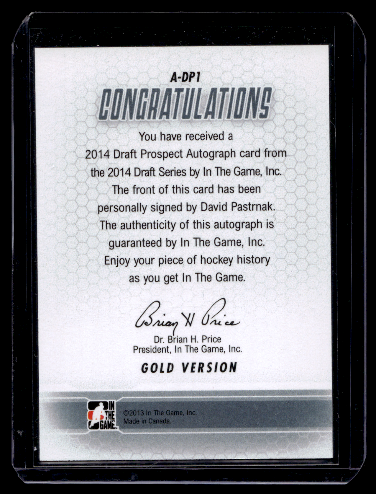 2014 In the Game Draft Prospects - Autographs - Gold - David Pastrnak #A-DP1 /20 RY