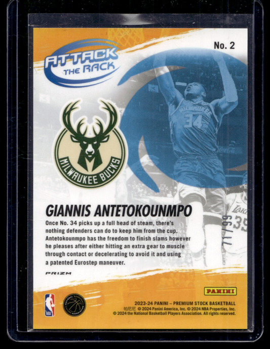 2023-24 Panini NBA Hoops Premium Stock - Attack The Rack - Blue Ice Prizm - Giannis Antetokounmpo #2 /99