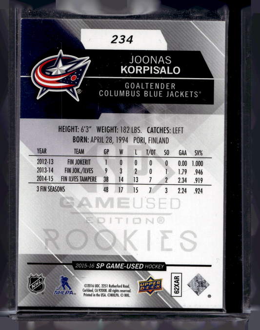 2015-16 Upper Deck SP Game-Used - Authentic Rookies - Joonas Korpisalo #234 /70 RC
