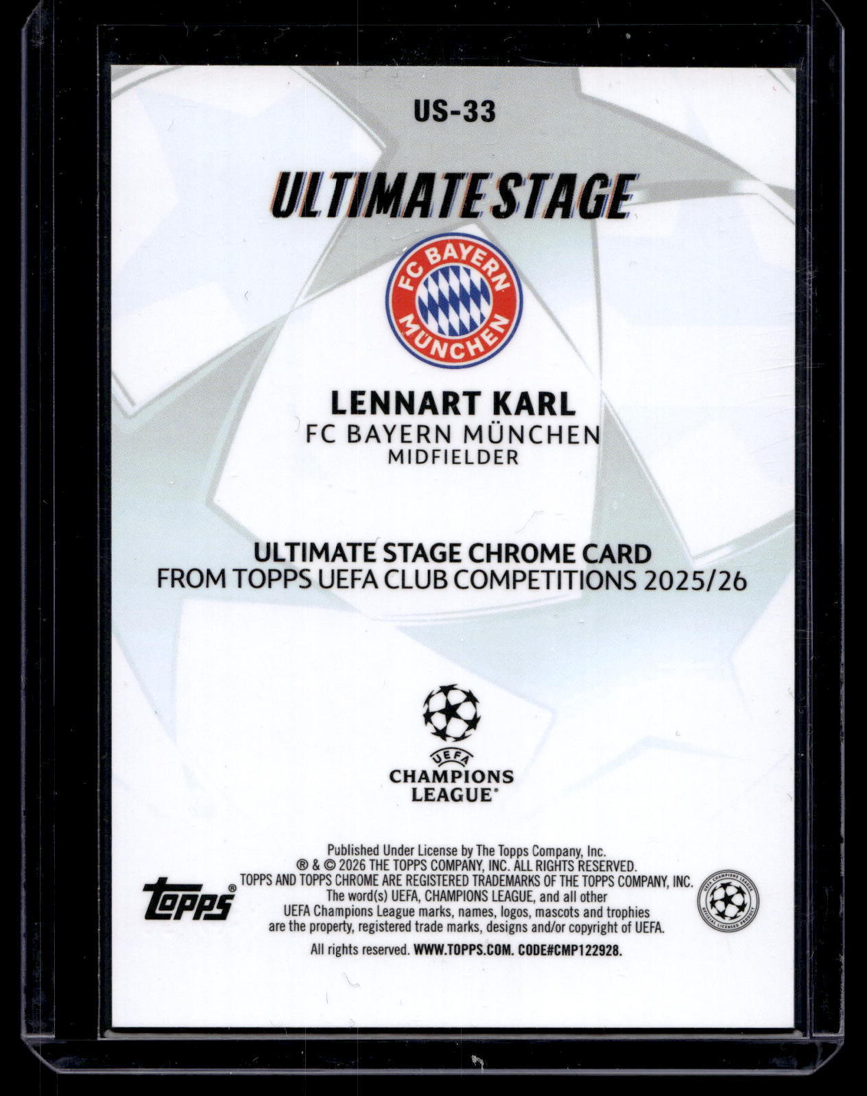 2025-26 Topps UEFA Club Competitions - Ultimate Stage Chrome - Blue Refractor - Lennart Karl #US-33 /150 RY