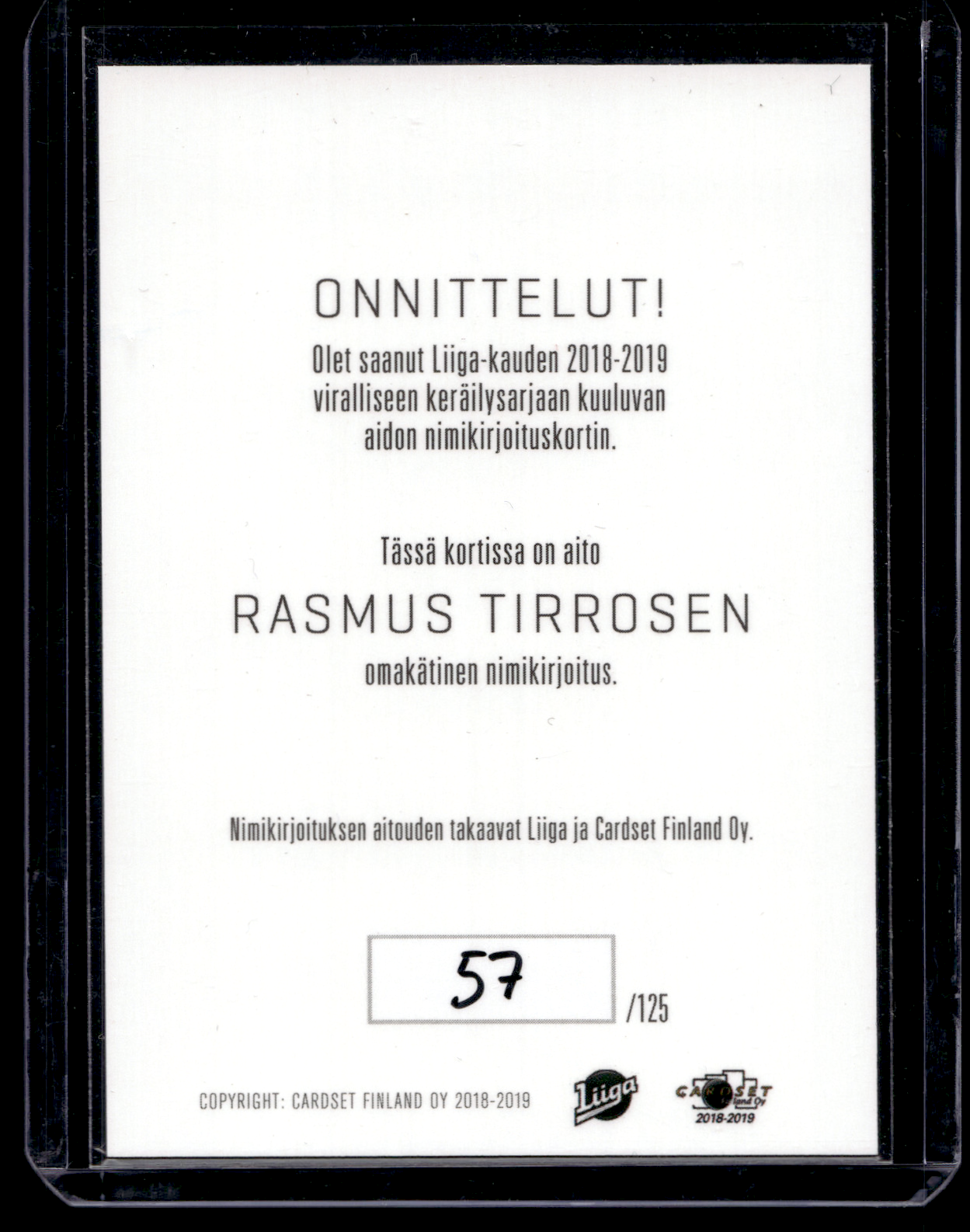 2018-19 Cardset Signature Platinum Edition - Rasmus Tirronen /125