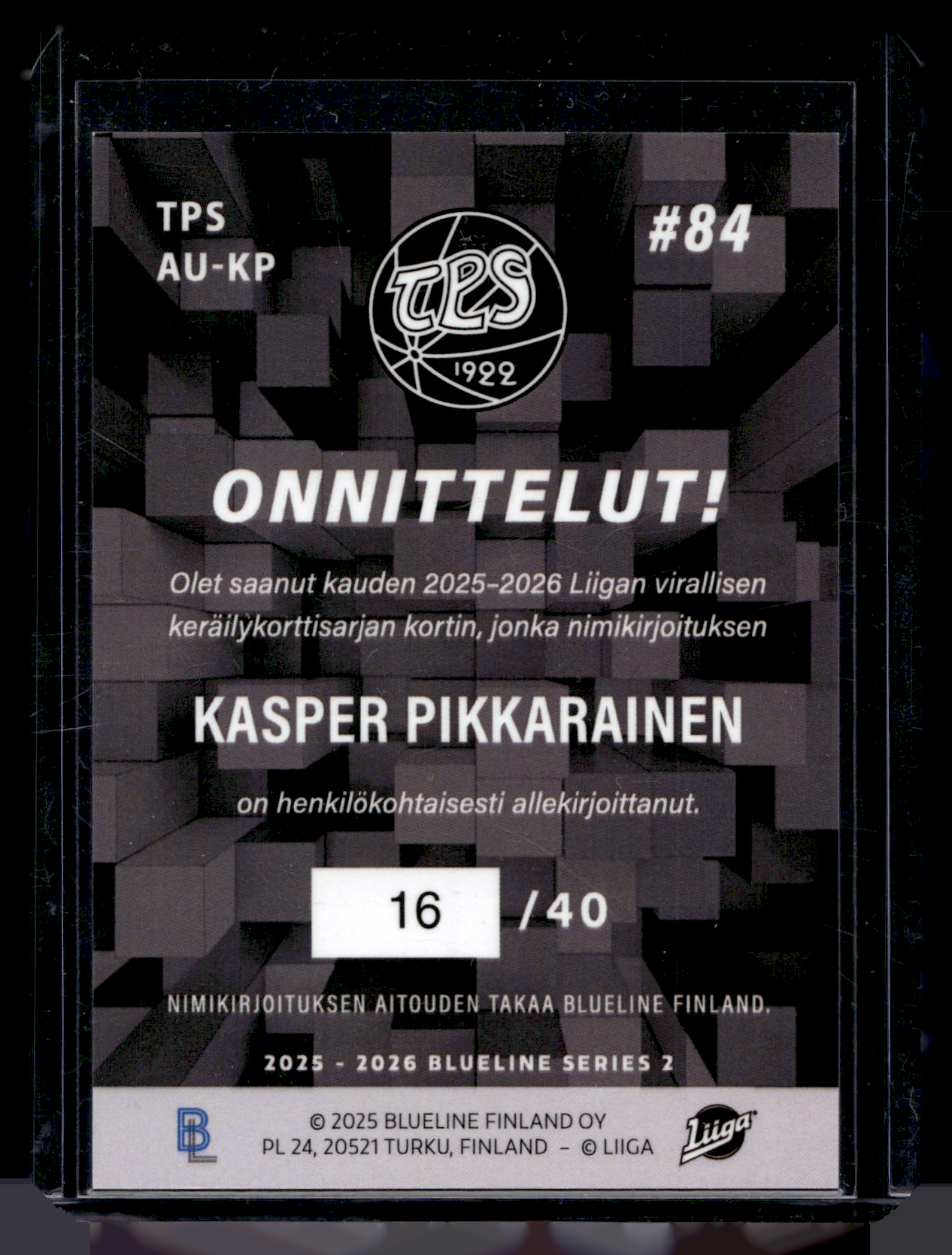 2025-26 Blueline Signature Gold - Kasper Pikkarainen #AU-KP /40