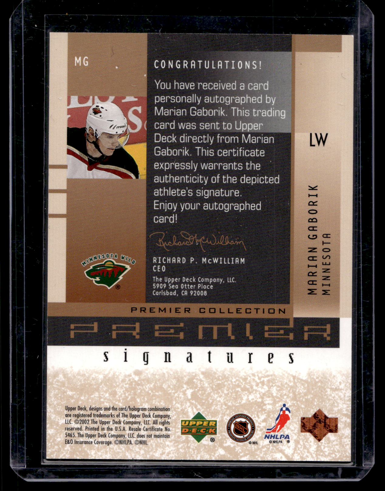 2001-02 Upper Deck Premier Collection - Premier Signatures - Marian Gaborik #MG