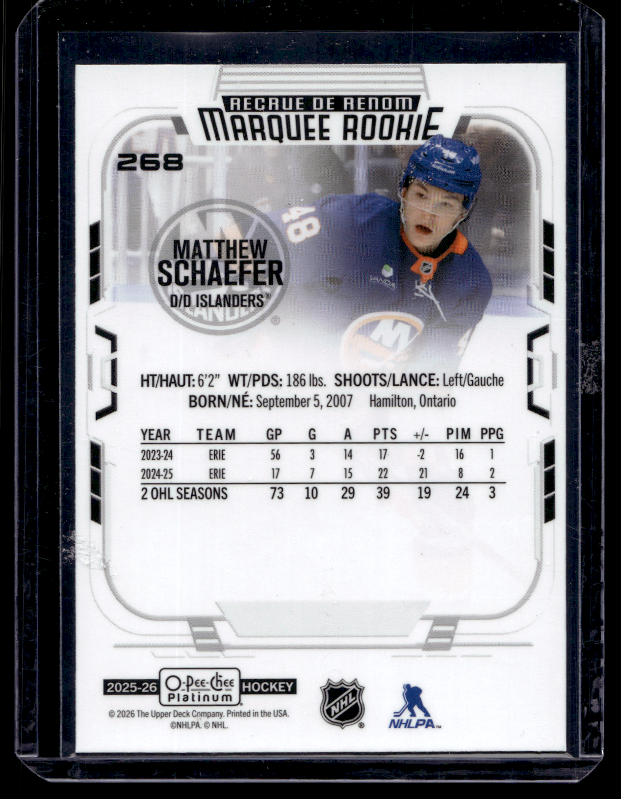 2025-26 Upper Deck OPC Platinum - Marquee Rookies - Matthew Schaefer #268 RC