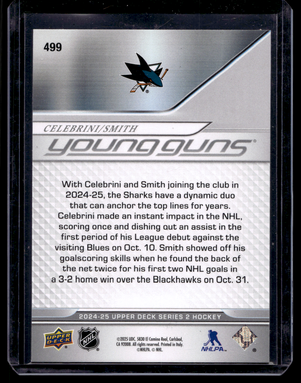 2024-25 Upper Deck Series 2 - Young Guns - Macklin Celebrini / Will Smith #499 RC