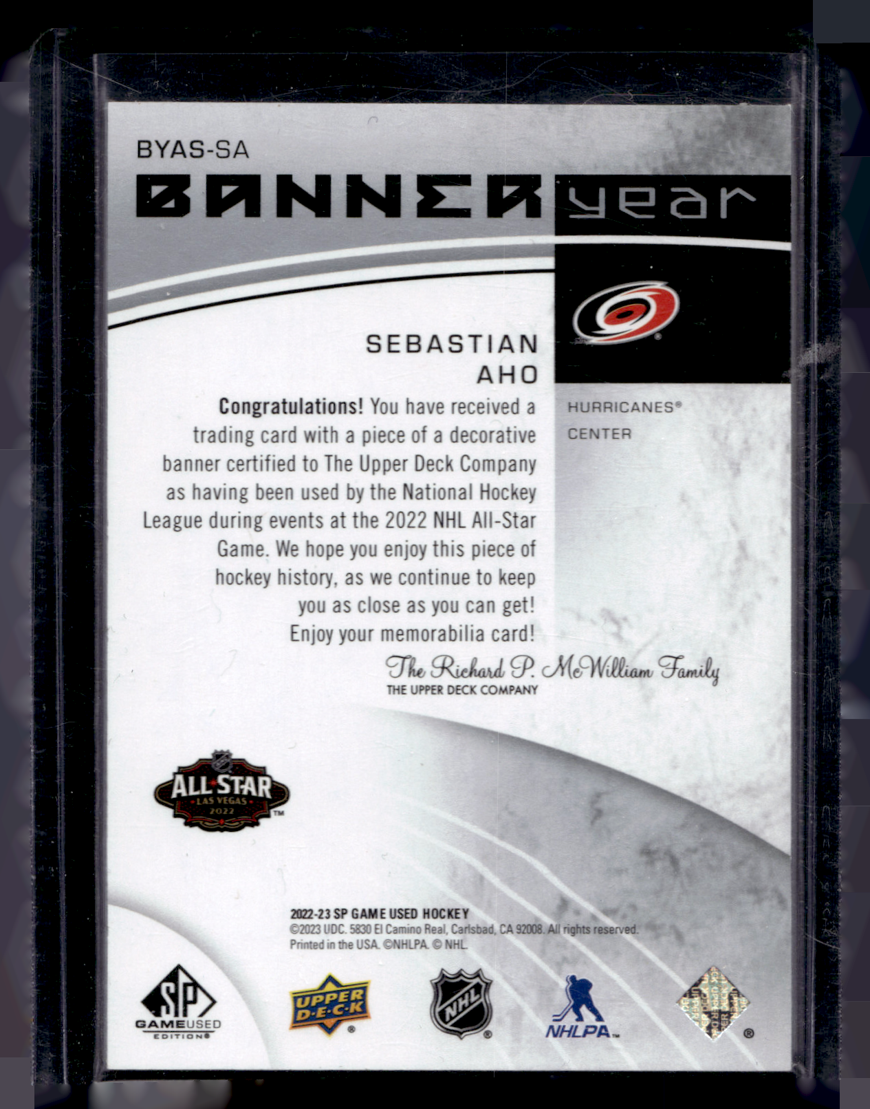 2022-23 Upper Deck SP Game Used Edition - 2022 NHL All-Star Game Banner Year Relics - Sebastian Aho #BYAS-SA