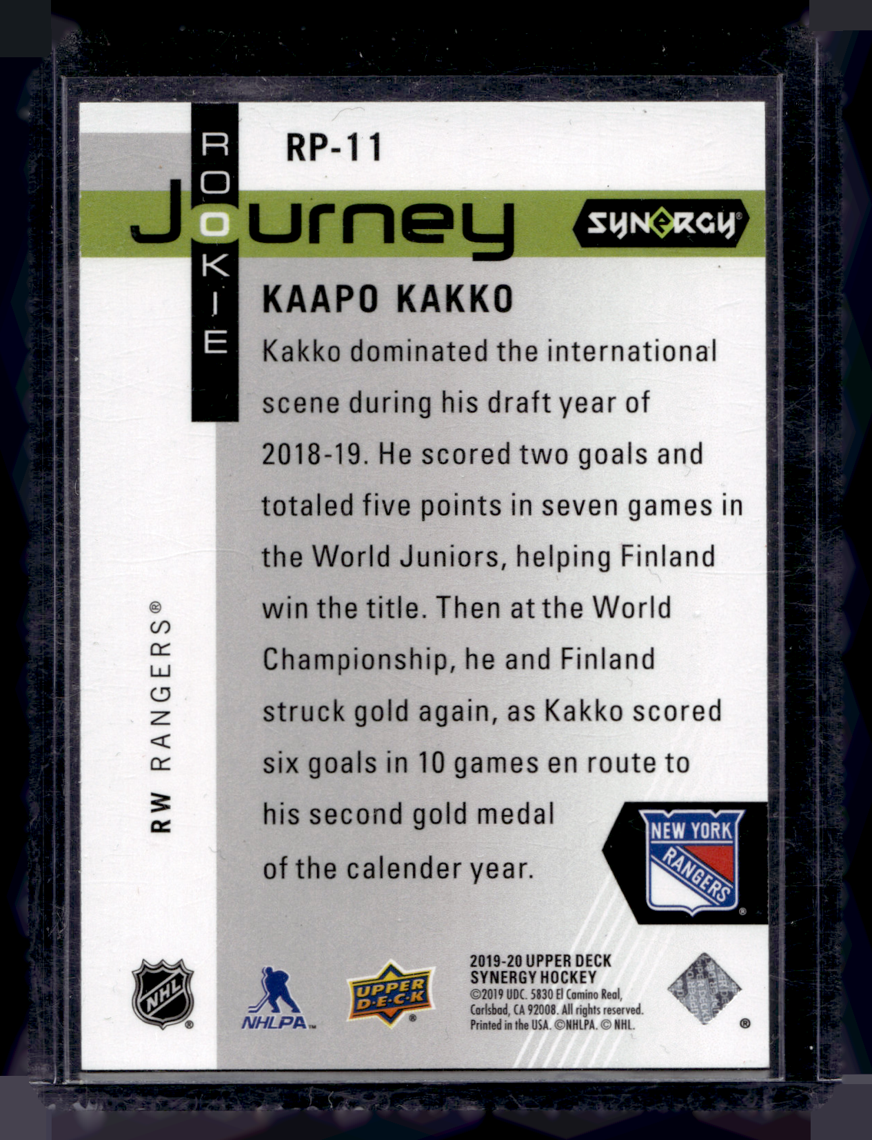 2019-20 Upper Deck Synergy - Rookie Journey - Draft Day - Kaapo Kakko #RP-11 /999 RY