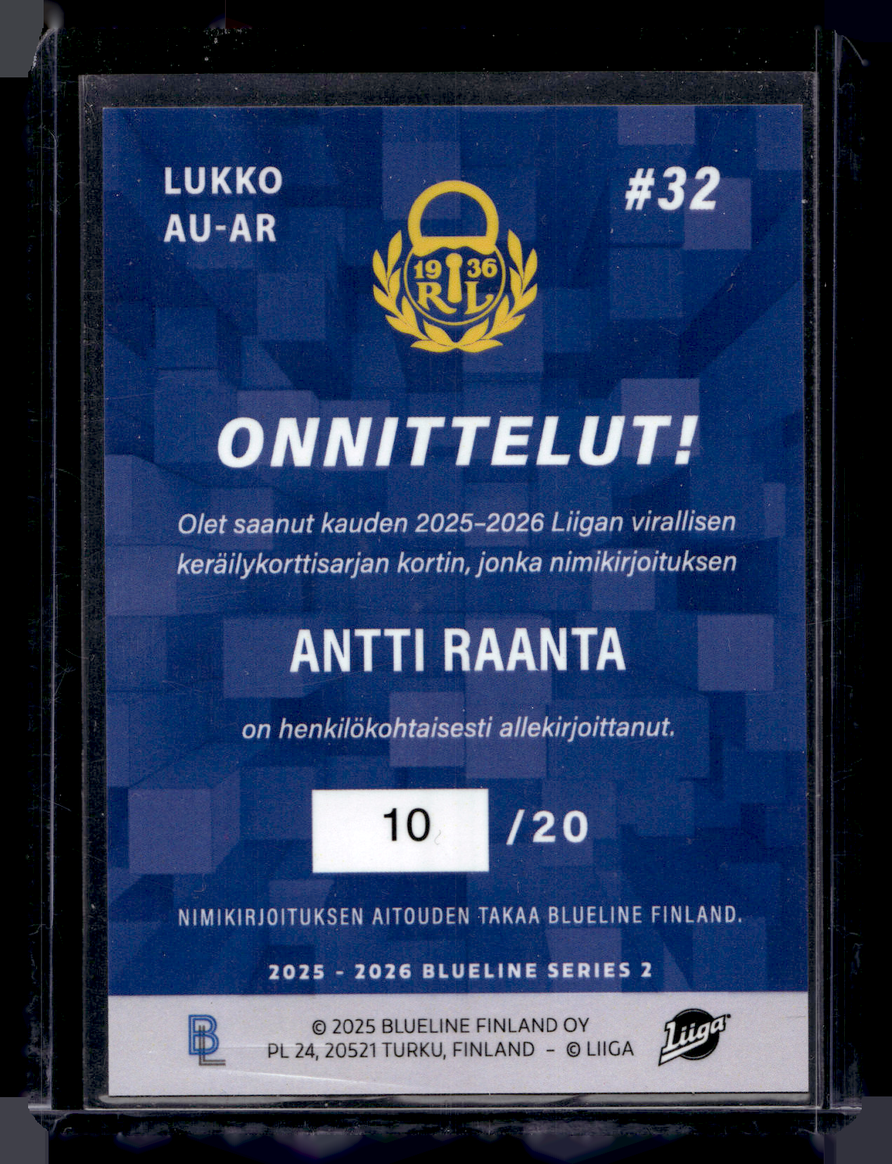 2025-26 Blueline Signature Rare - Antti Raanta #AU-AR /20