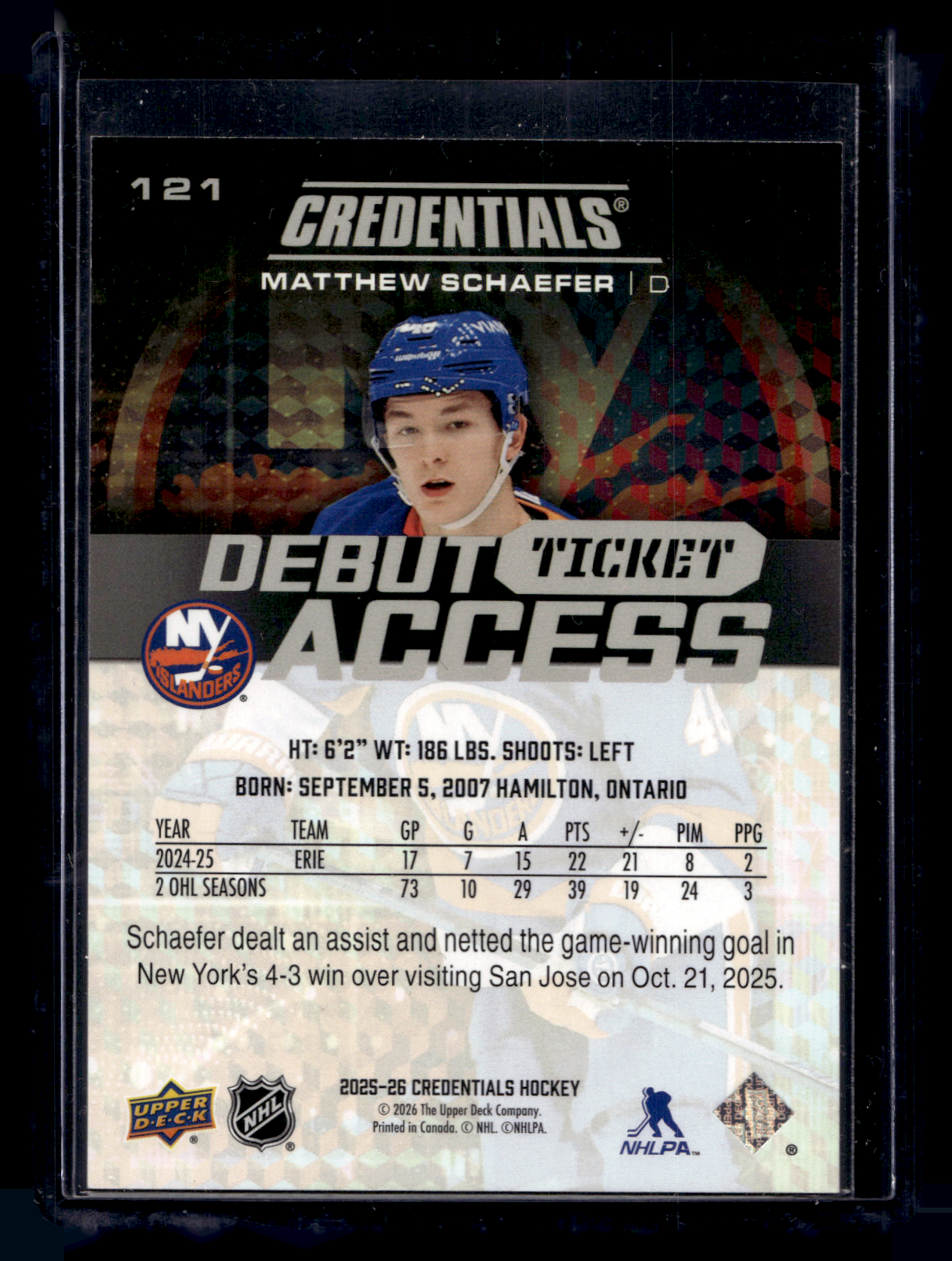 2025-26 Upper Deck Credentials - Debut Ticket Access - Matthew Schaefer #121 /999 RC