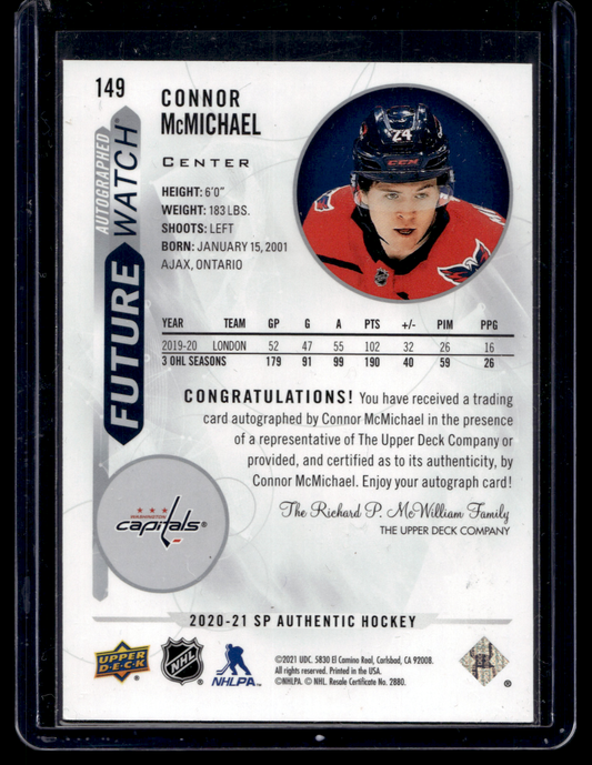 2020-21 Upper Deck SP Authentic - Autographed Future Watch - Connor McMichael #149 /999 RC
