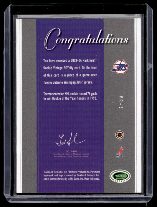 2003-04 In the Game Parkhurst Rookie - Vintage ROYalty - Teemu Selanne #VR-5