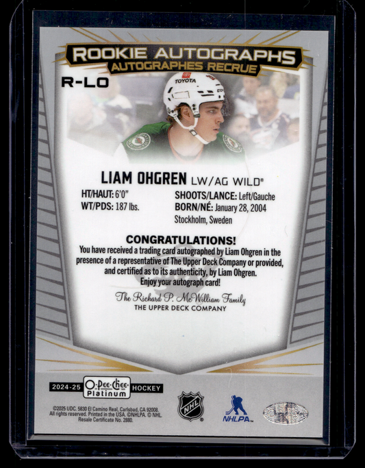 2024-25 Upper Deck OPC Platinum - Rookie Autographs - Liam Ohgren #R-LO RY