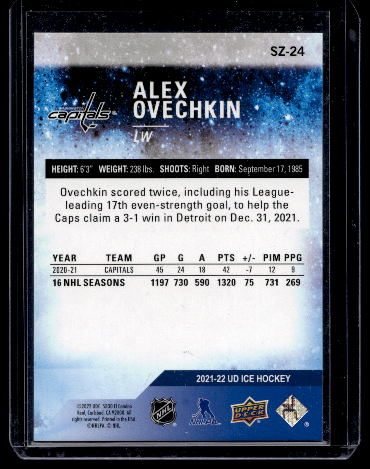 2021-22 Upper Deck Ice - Sub Zero - Alex Ovechkin #SZ-24