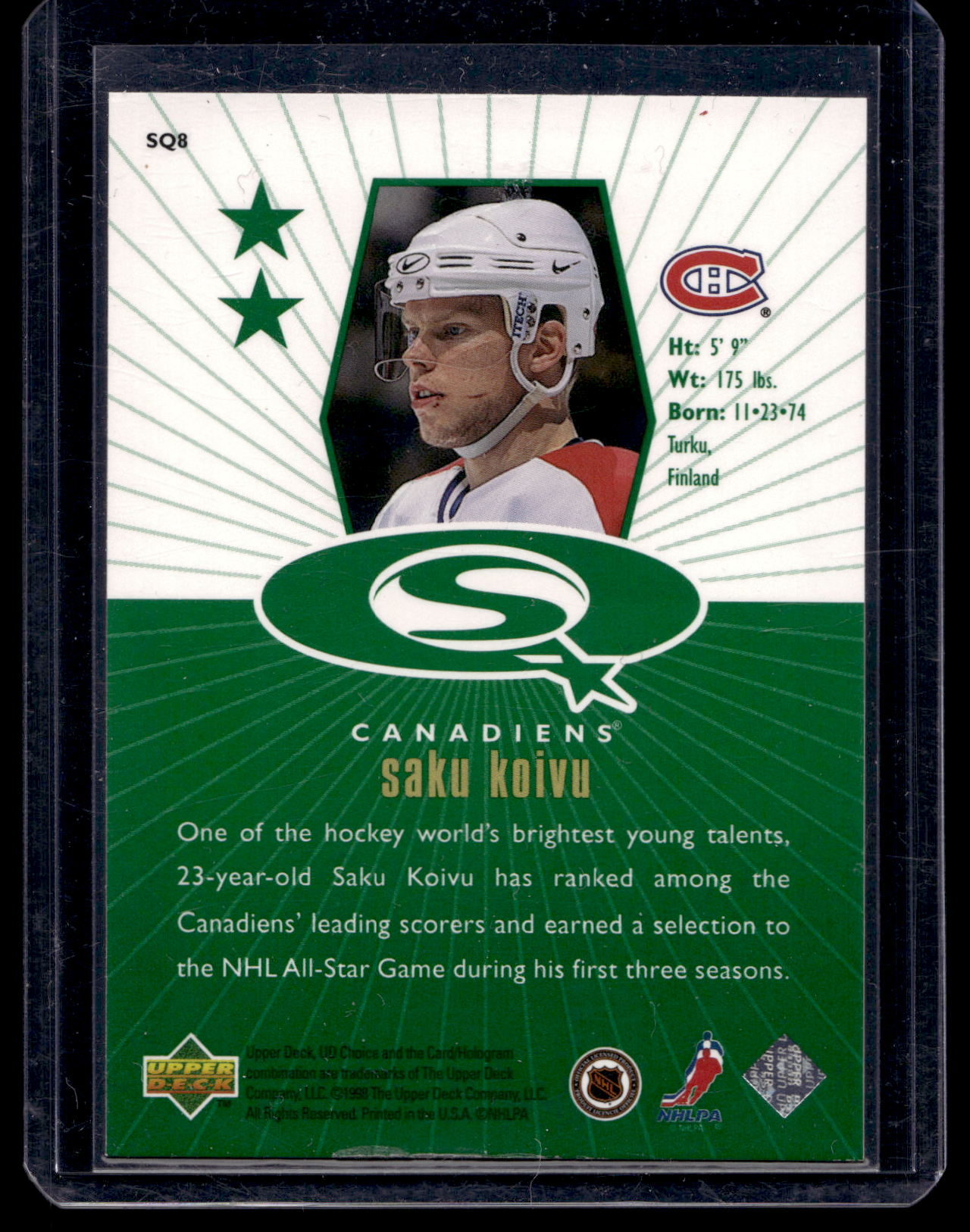 1998-99 Upper Deck UD Choice - Starquest - Green - Saku Koivu #SQ8