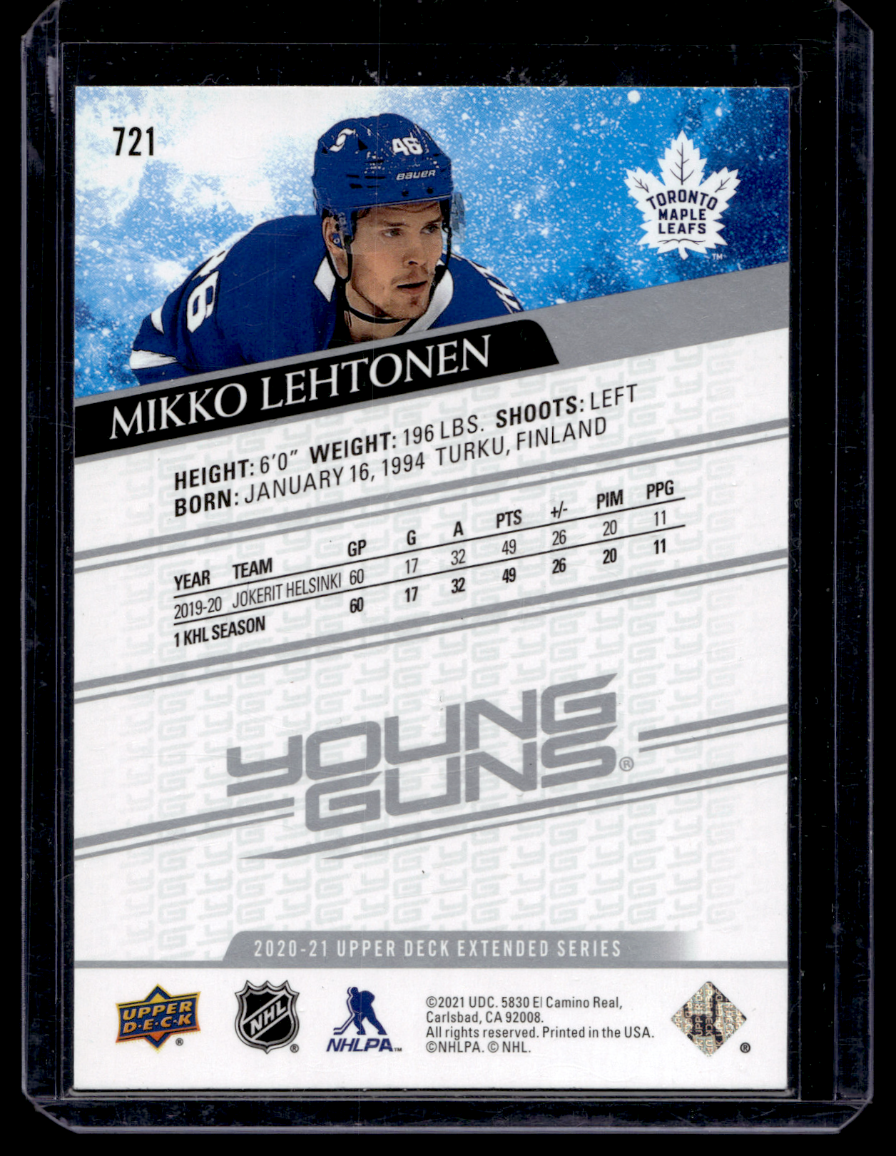 2020-21 Upper Deck Extended Series - Young Guns - Mikko Lehtonen #721 RC